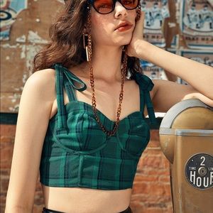 tie shoulder tartan bustier crop cami top